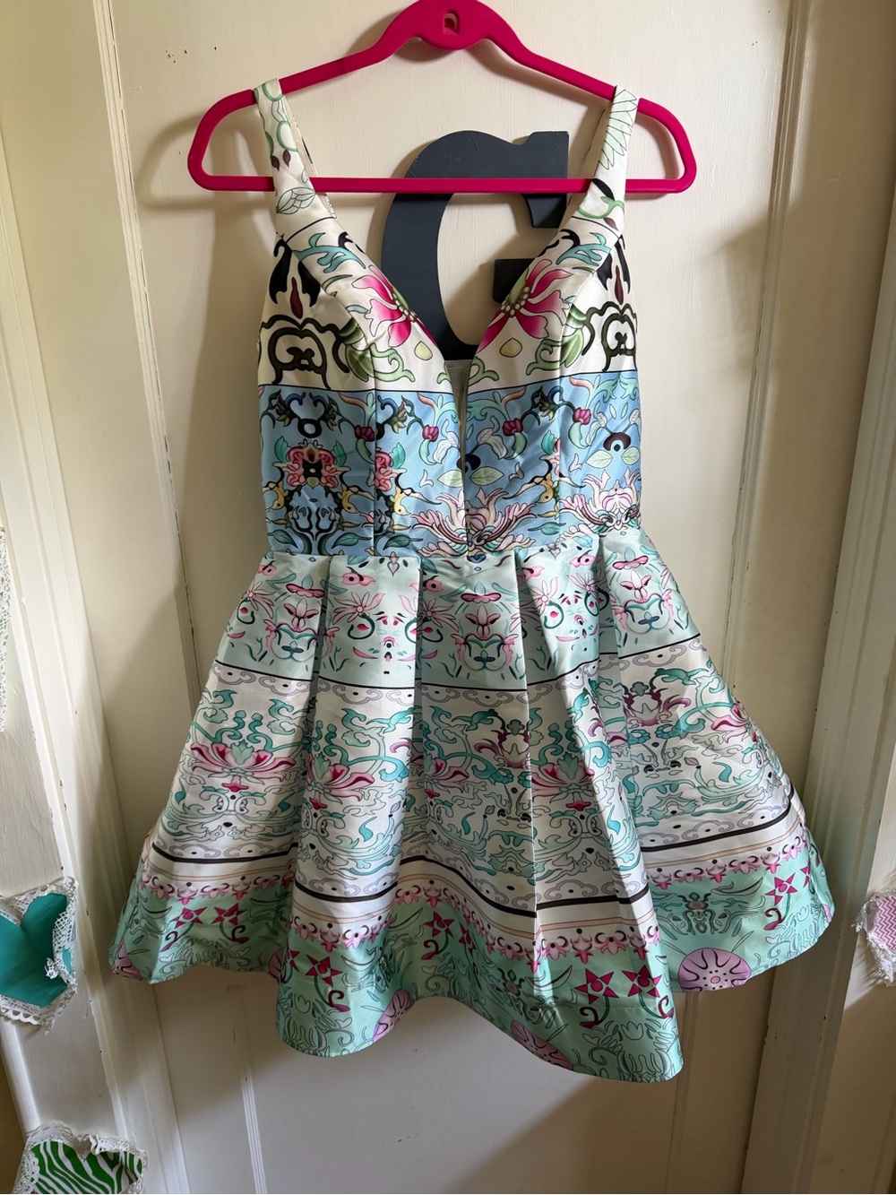 Women’s Floral Print Fit-and-Flare Dress in Mint and Pink
